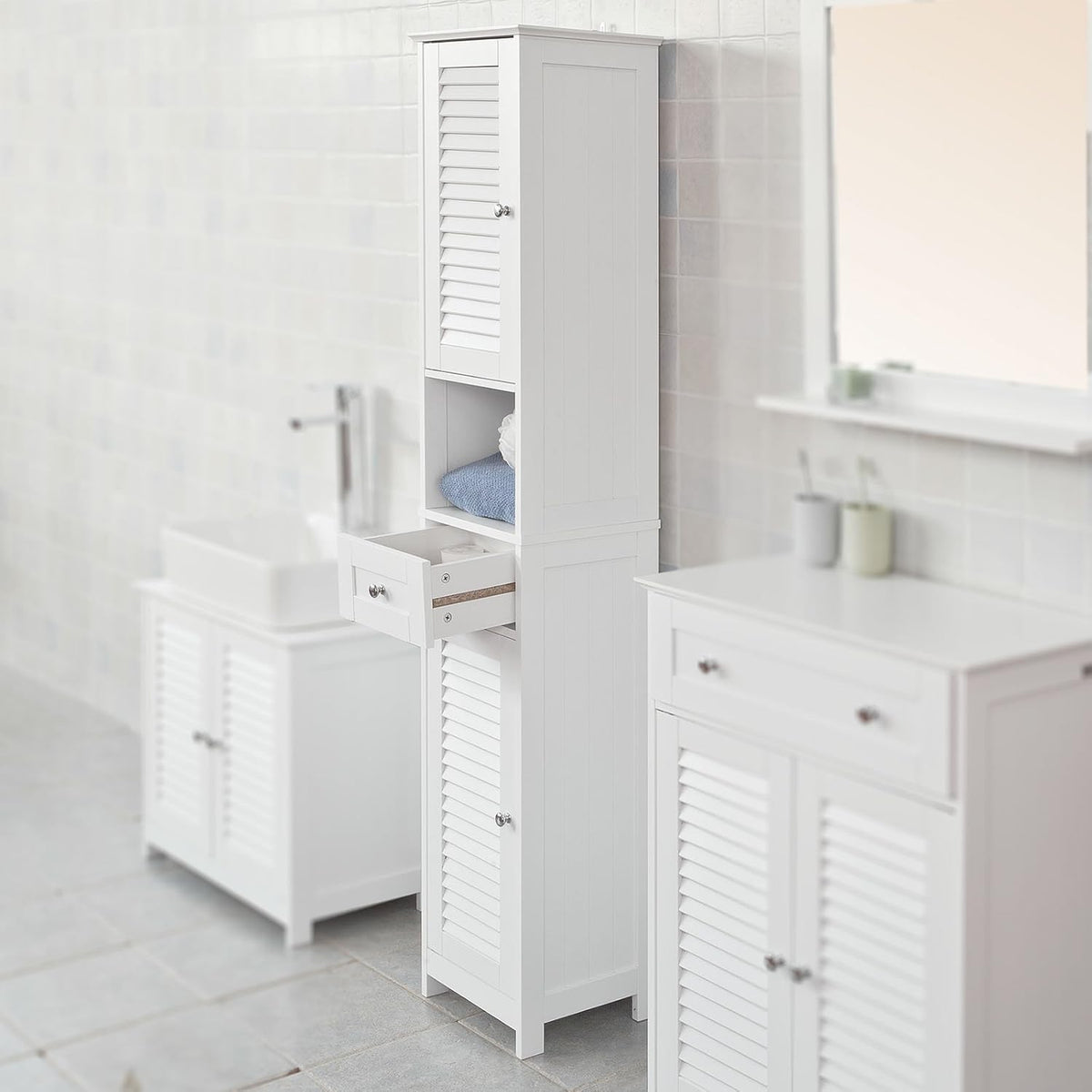 White Floor Standing Tall Bathroom Storage Cabinet with Shelves and Drawers R24554
