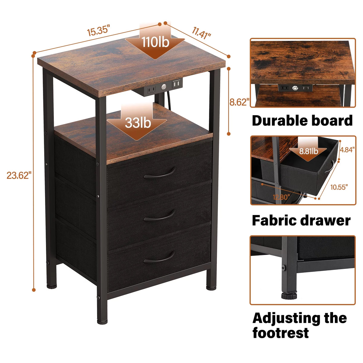 3-Tier Nightstand with Drawers and Charging Station L189