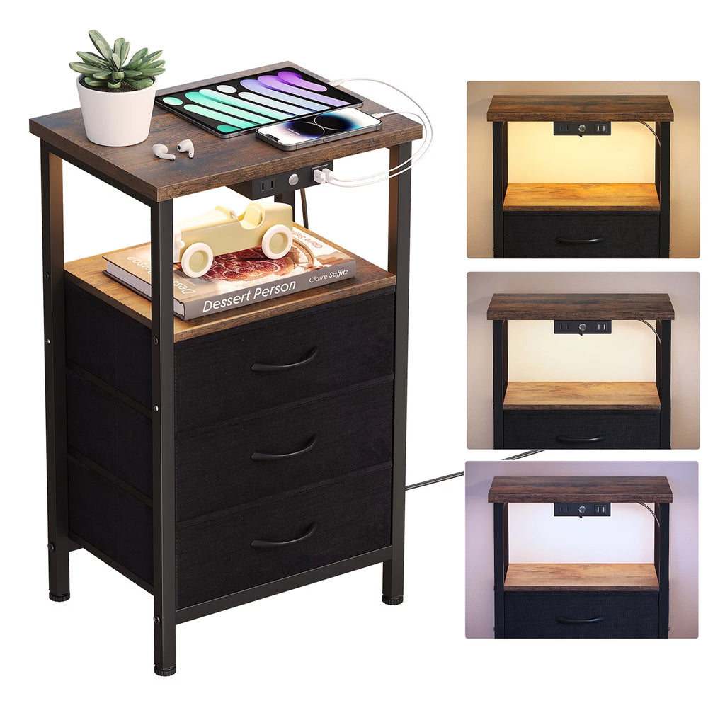 3-Tier Nightstand with Drawers and Charging Station L189