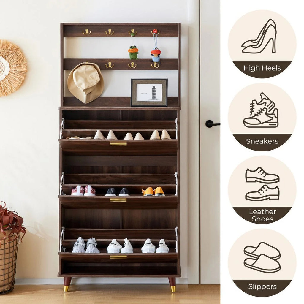 Brown Hall Tree with 12 Hooks & 3 Shoe Cabinets I40079