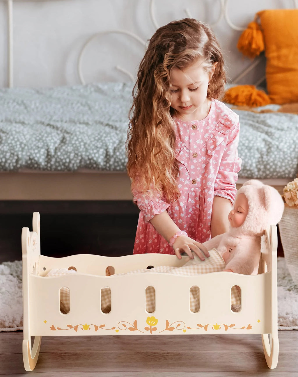 Wooden Doll Cradle with Bedding for 18 Inch Dolls F748374