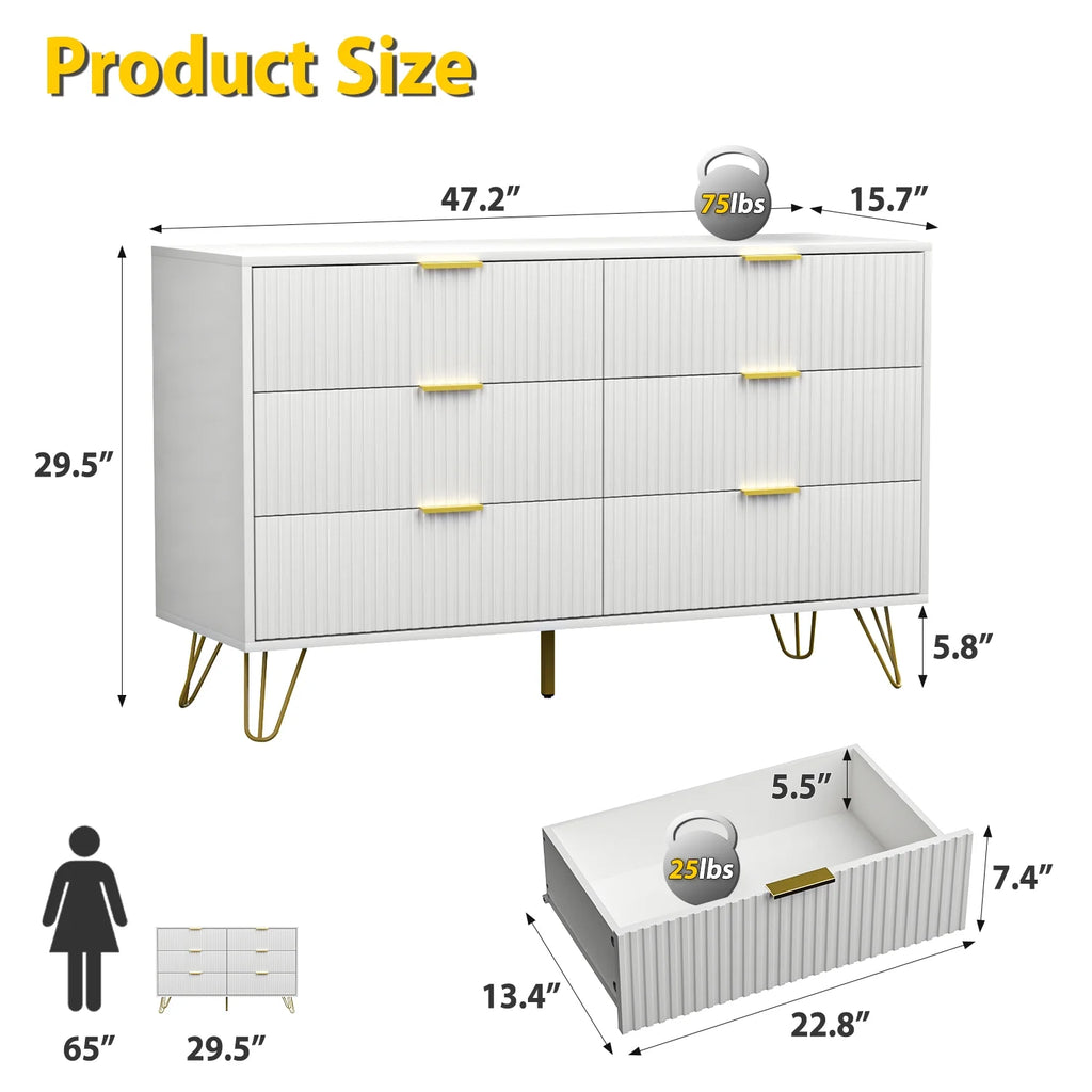 White 6 Drawer Dresser with Gold Handles V387282