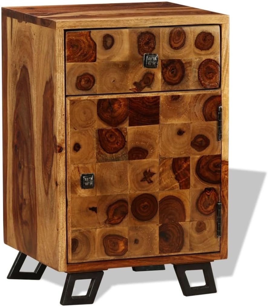 Solid Sheesham Wood Nightstand with Iron Legs and Storage Drawer E12327