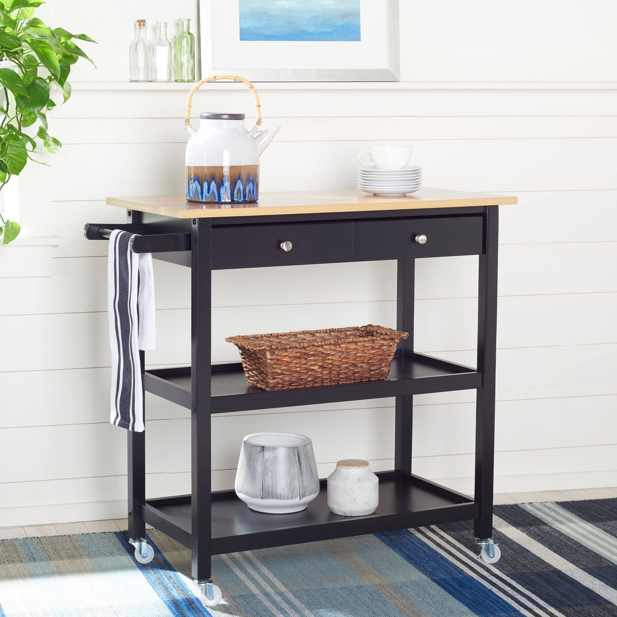 Black 2 Drawer 3 Shelf Kitchen Cart W40437