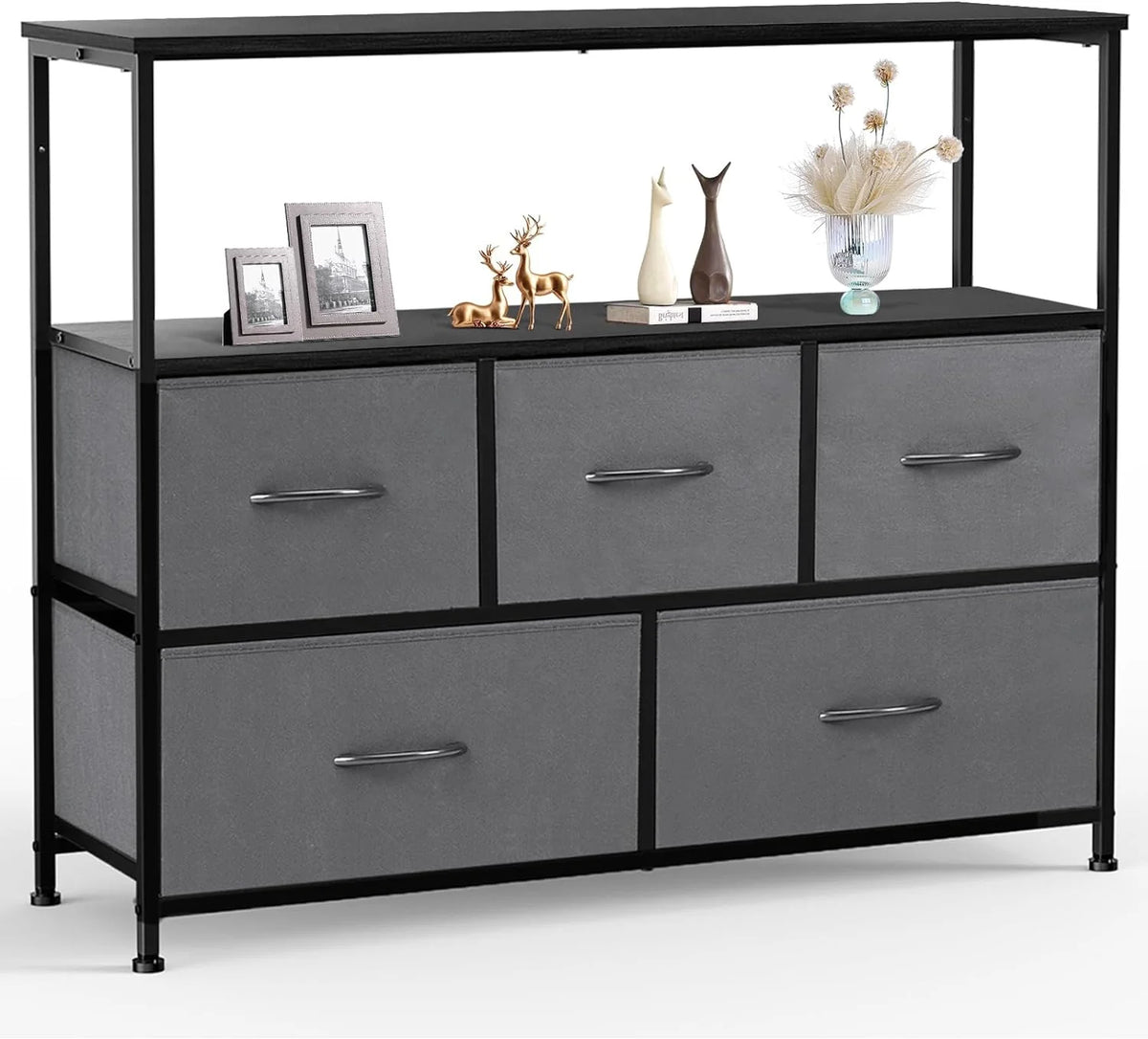 5 Fabric Drawer Dresser with Wood Top and Steel Frame Y670