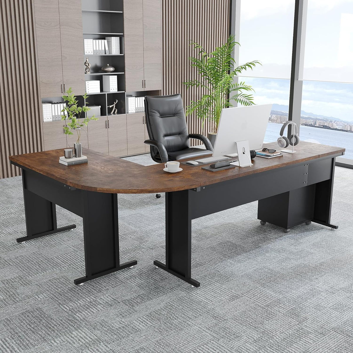 83" L-Shaped Executive Desk with 3-Drawer File Cabinet S38395