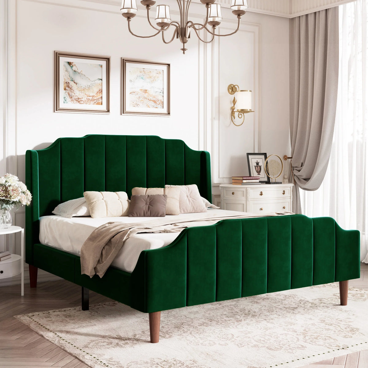 Queen Size Blue Velvet Upholstered Platform Bed Frame Q25230