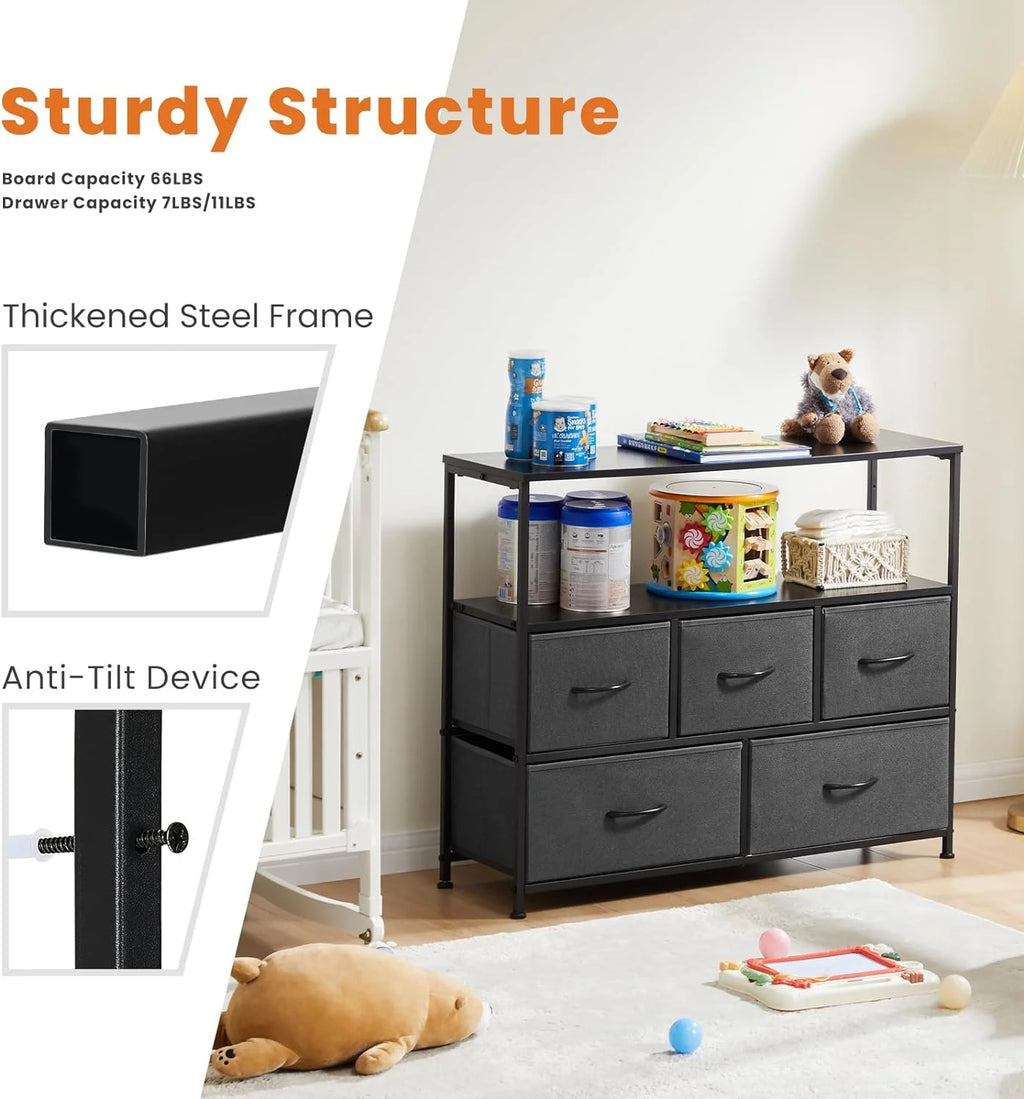5 Fabric Drawer Dresser with Wood Top and Steel Frame Y670