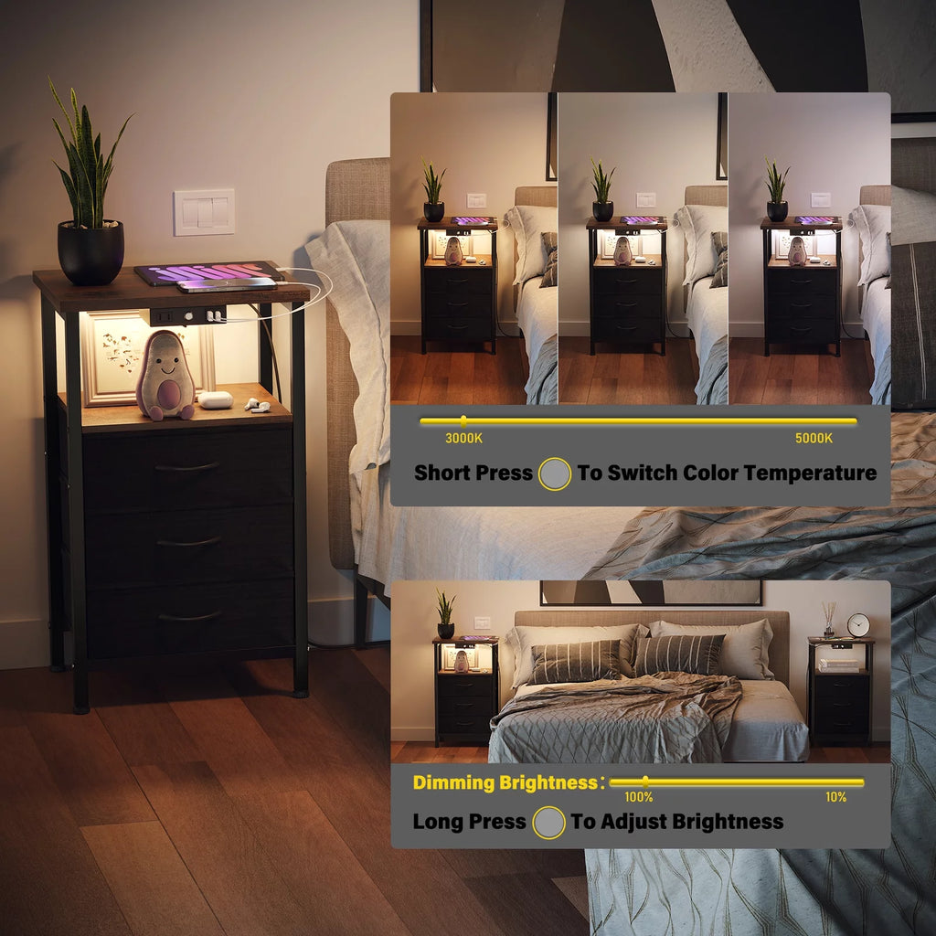 3-Tier Nightstand with Drawers and Charging Station L189