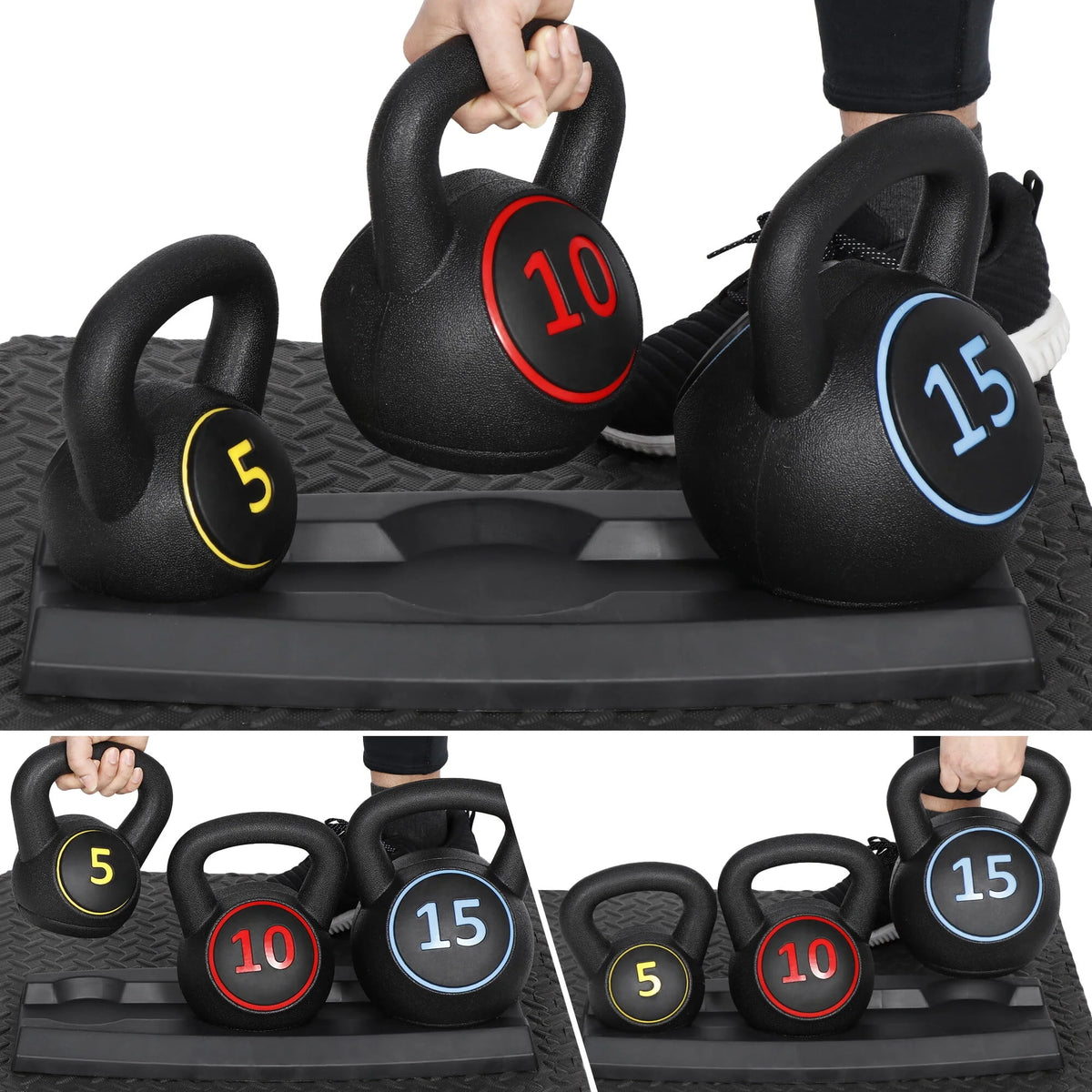 3 Piece 5lb 10lb 15lb Kettlebell Set with Storage Rack F92661