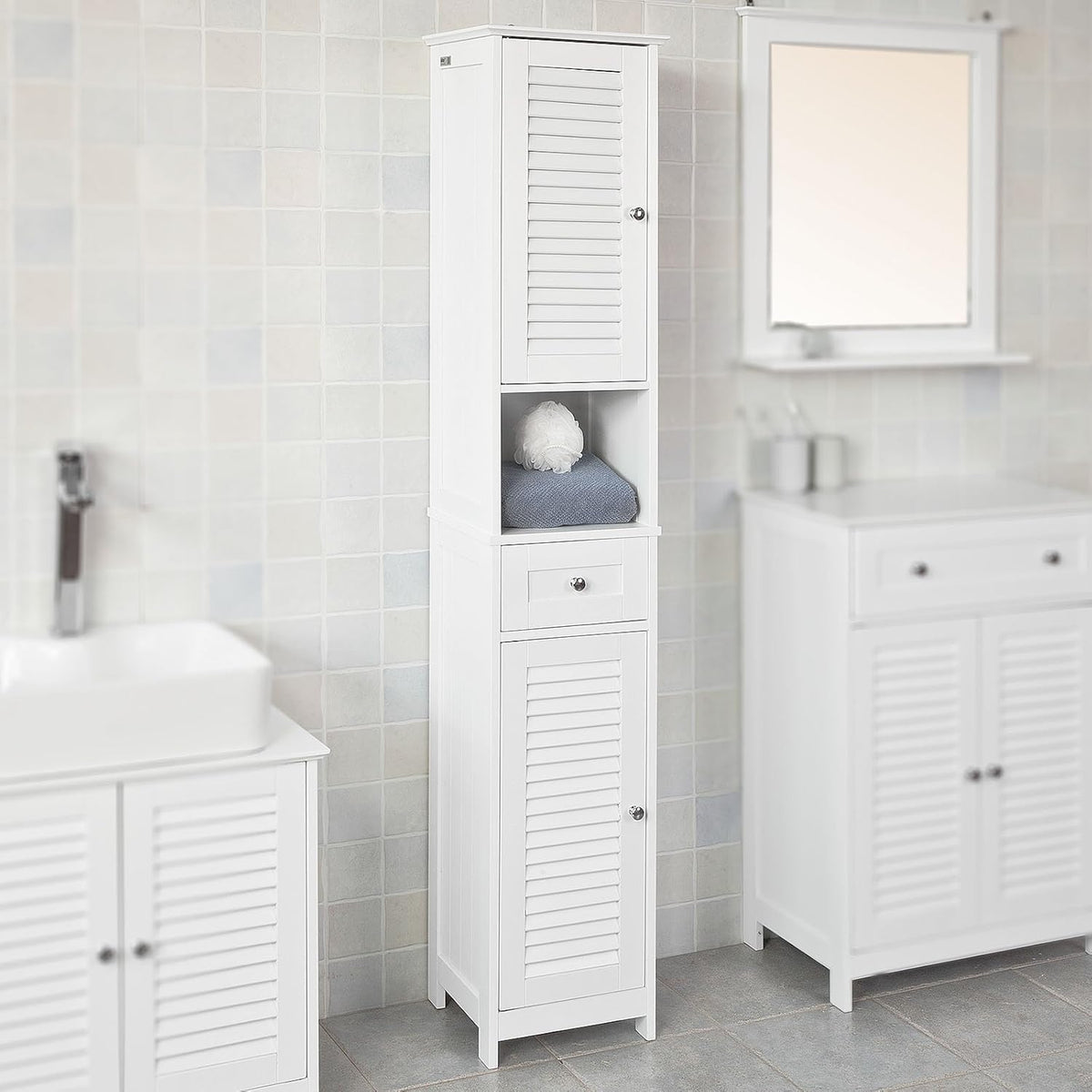 White Floor Standing Tall Bathroom Storage Cabinet with Shelves and Drawers R24554